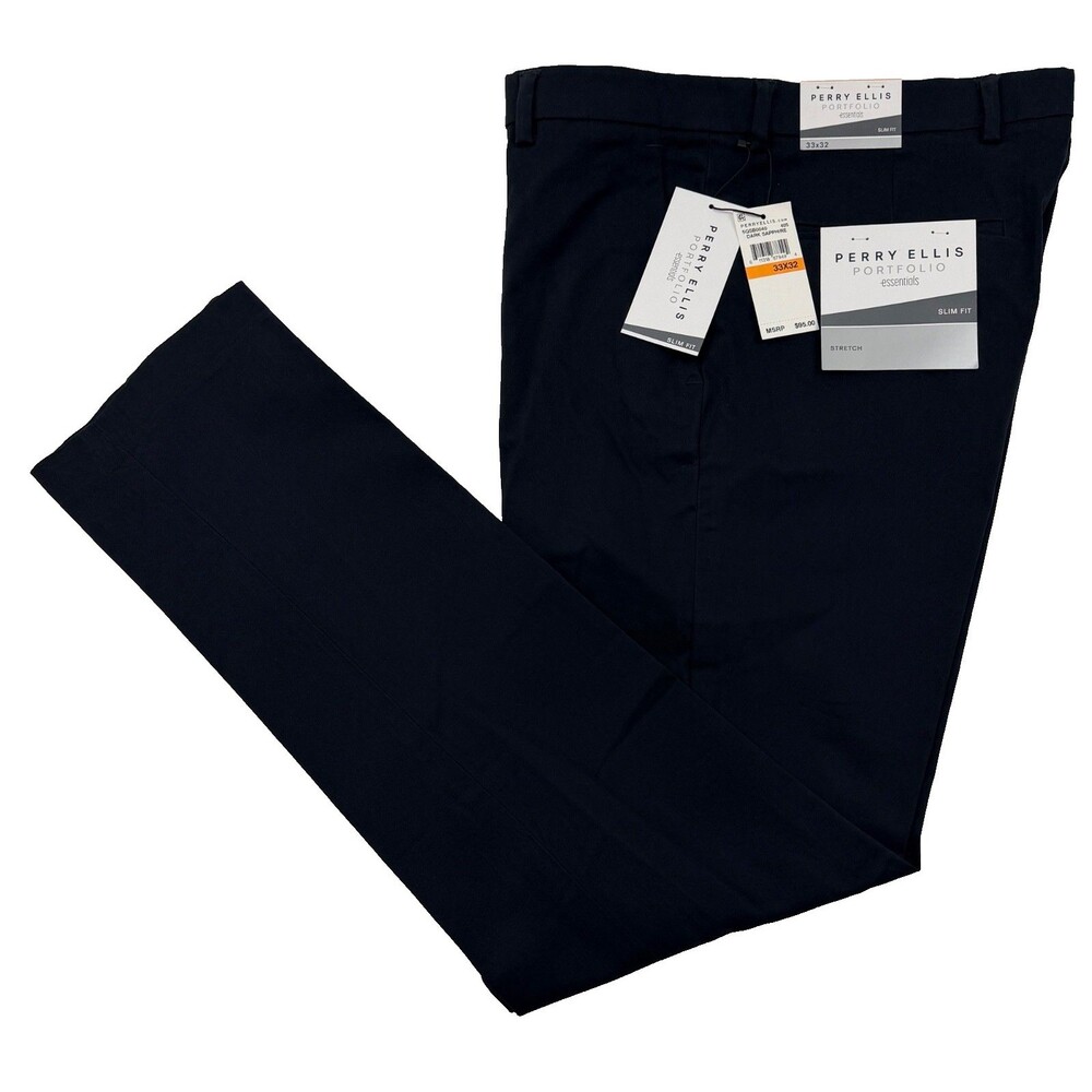 $95 NEW PERRY ELLIS PORTFOLIO Mens 33x32 Solid Navy Stretch Khaki/Chino Pants